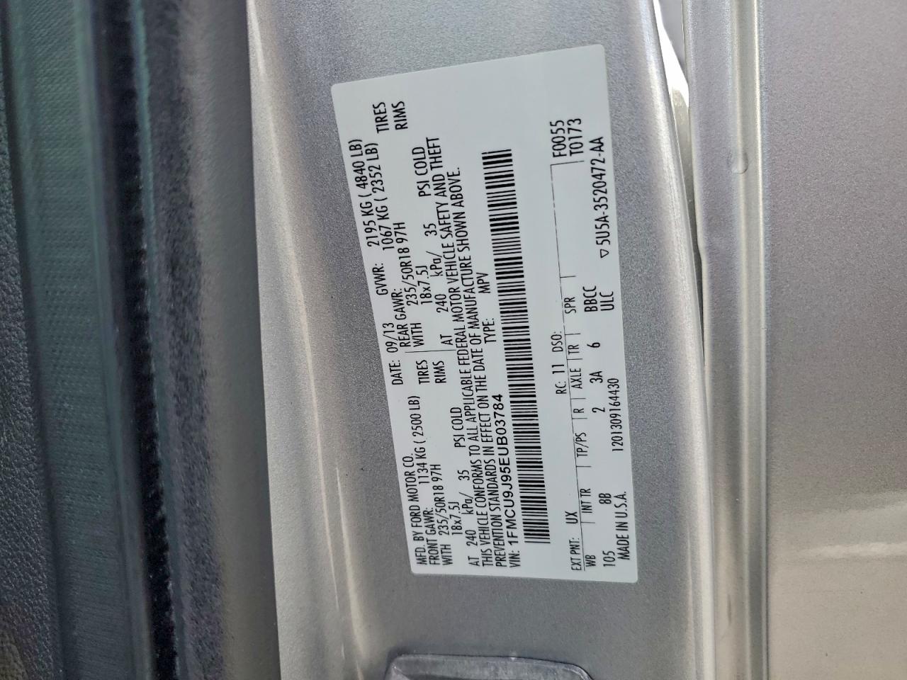 2014 Ford Escape Titanium VIN: 1FMCU9J95EUB03784 Lot: 94122685