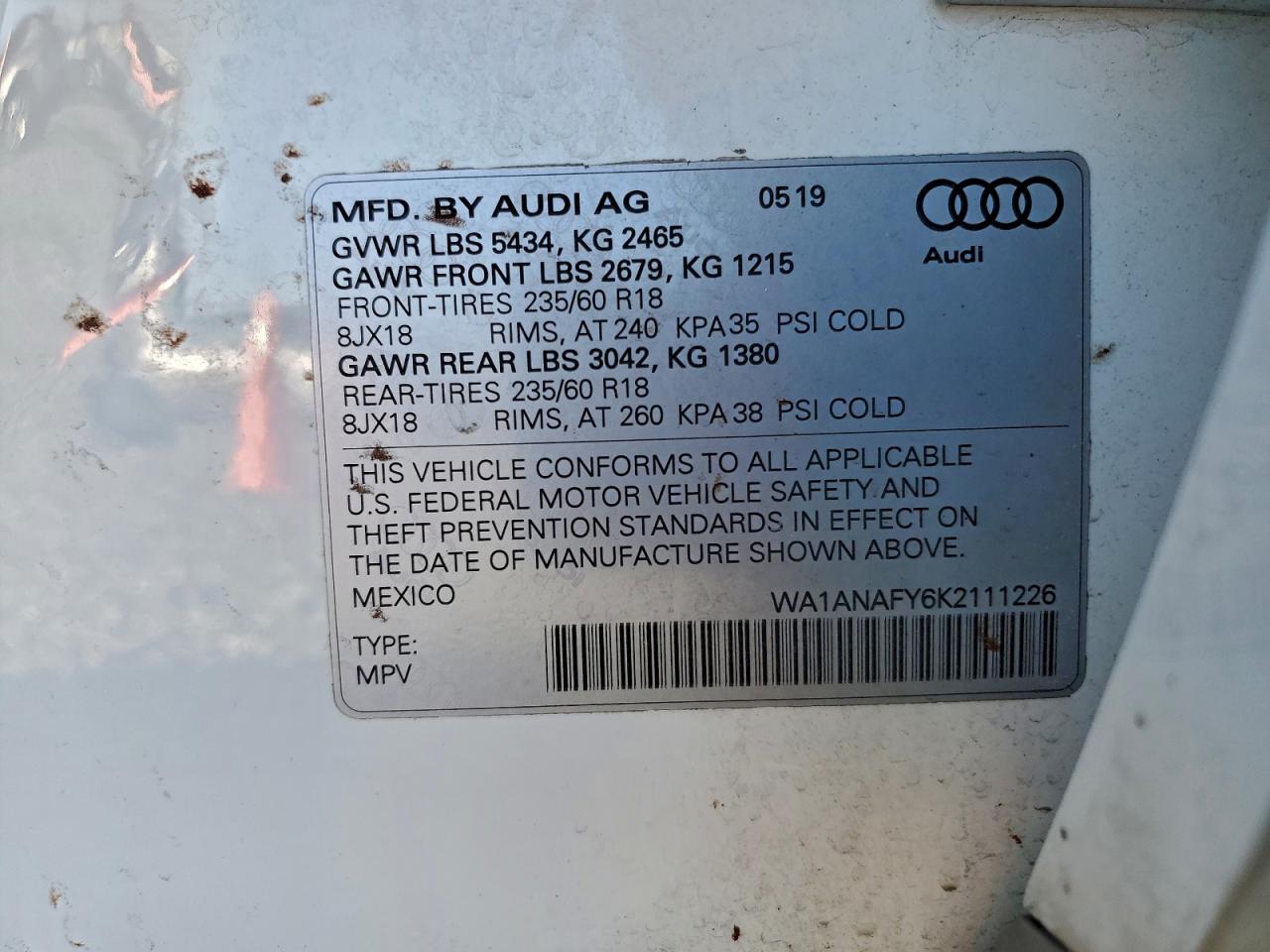 2019 Audi Q5 Premium VIN: WA1ANAFY6K2111226 Lot: 95139645