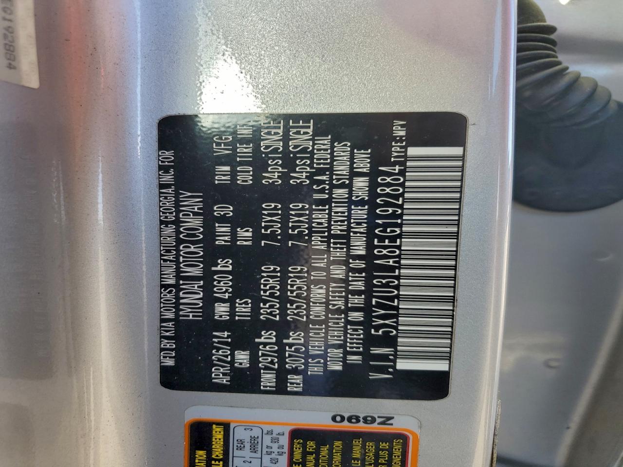 2014 Hyundai Santa Fe Sport VIN: 5XYZU3LA8EG192884 Lot: 96508365