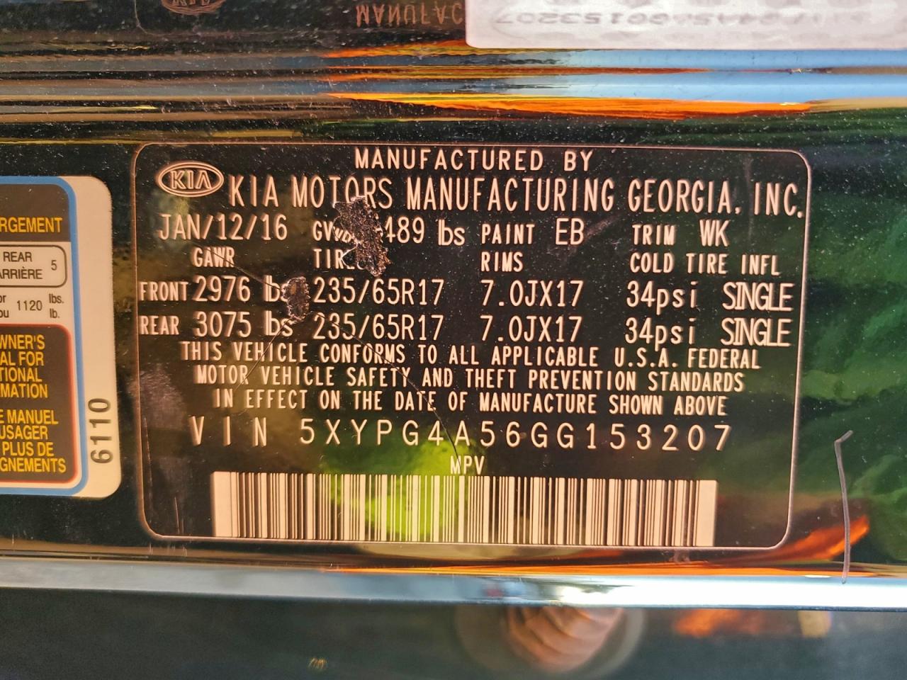 2016 Kia Sorento Lx VIN: 5XYPG4A56GG153207 Lot: 94940785