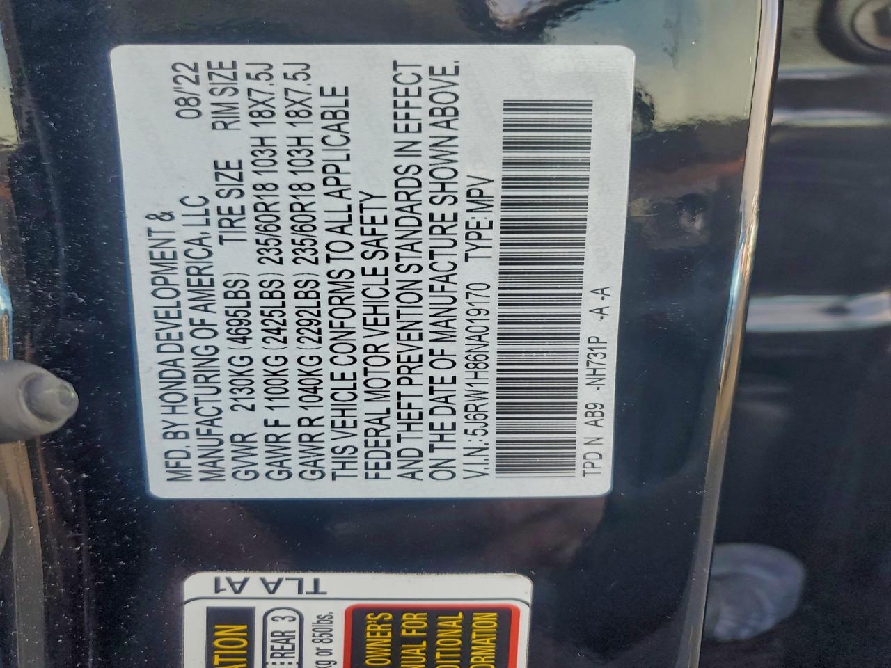 2022 Honda Cr-V Exl VIN: 5J6RW1H86NA019170 Lot: 95458145