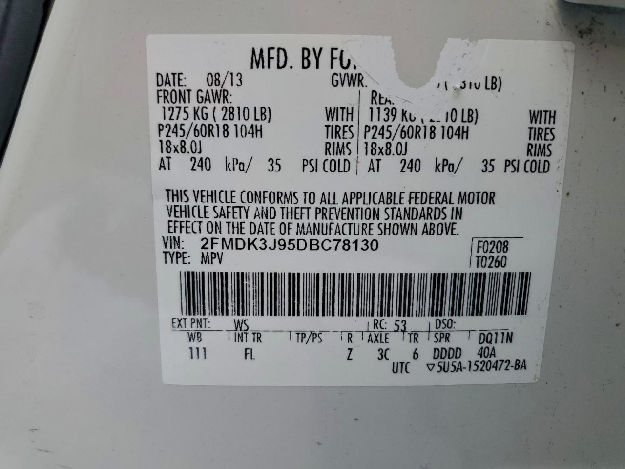 2013 Ford Edge Sel VIN: 2FMDK3J95DBC78130 Lot: 95755745