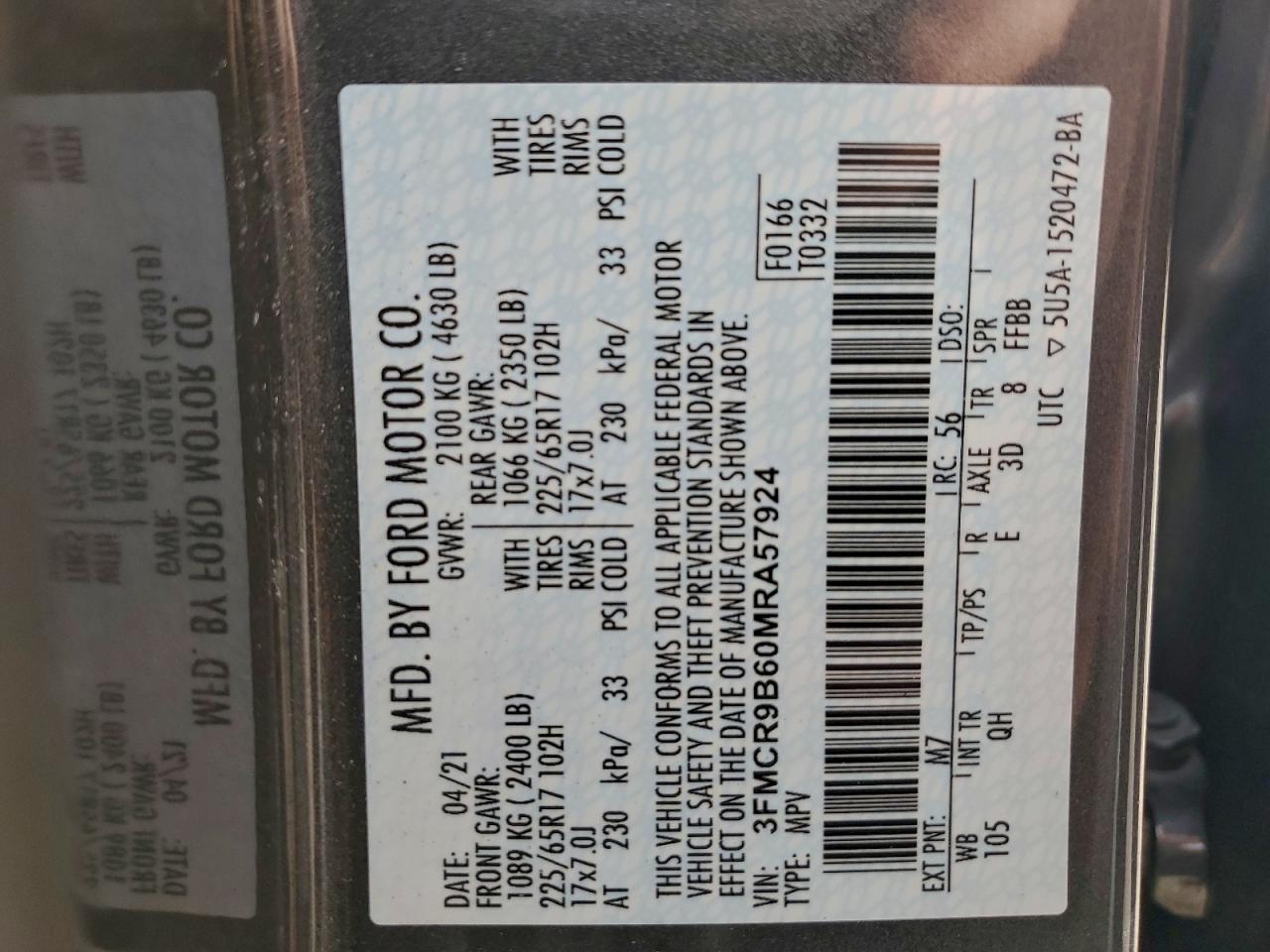 2021 Ford Bronco Sport Big Bend VIN: 3FMCR9B60MRA57924 Lot: 95571495