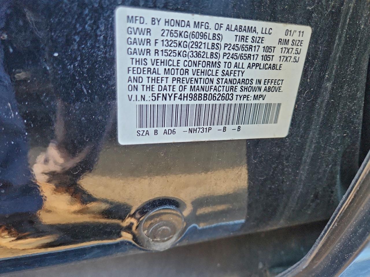 2011 Honda Pilot Touring VIN: 5FNYF4H98BB062603 Lot: 96232595