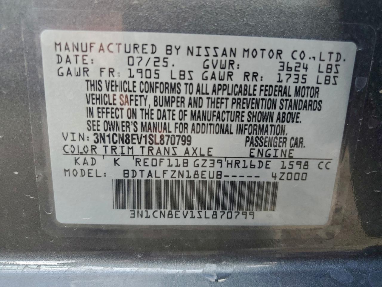 2025 Nissan Versa Sv VIN: 3N1CN8EV1SL870799 Lot: 96082635
