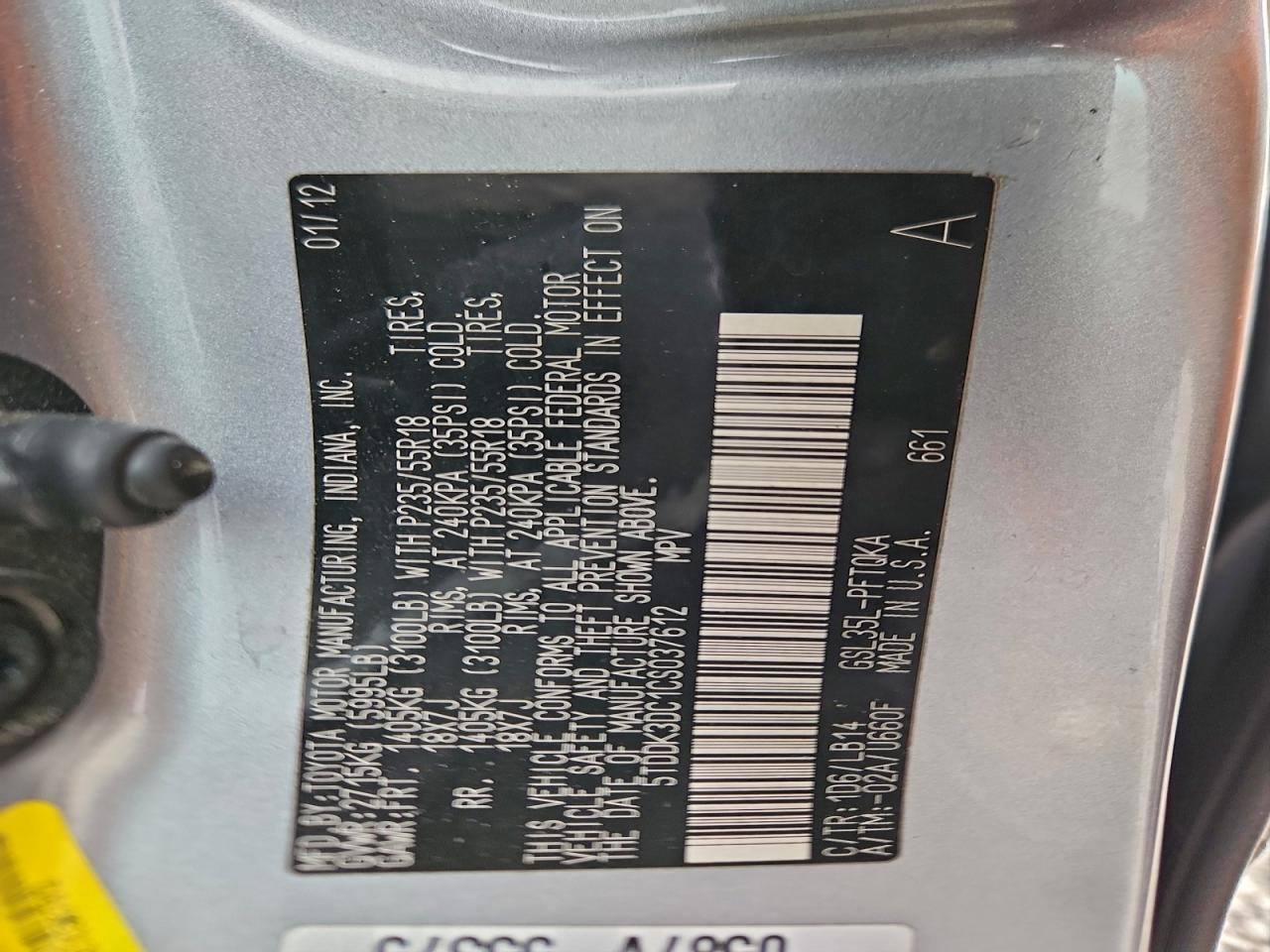 2012 Toyota Sienna Xle VIN: 5TDDK3DC1CS037612 Lot: 95291925