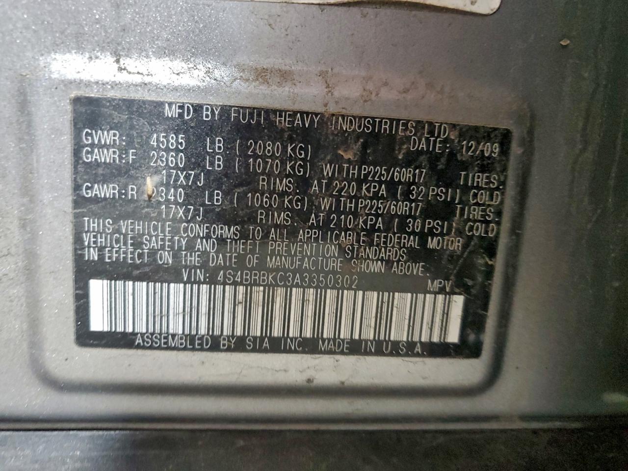 2010 Subaru Outback 2.5I Limited VIN: 4S4BRBKC3A3350302 Lot: 95788425