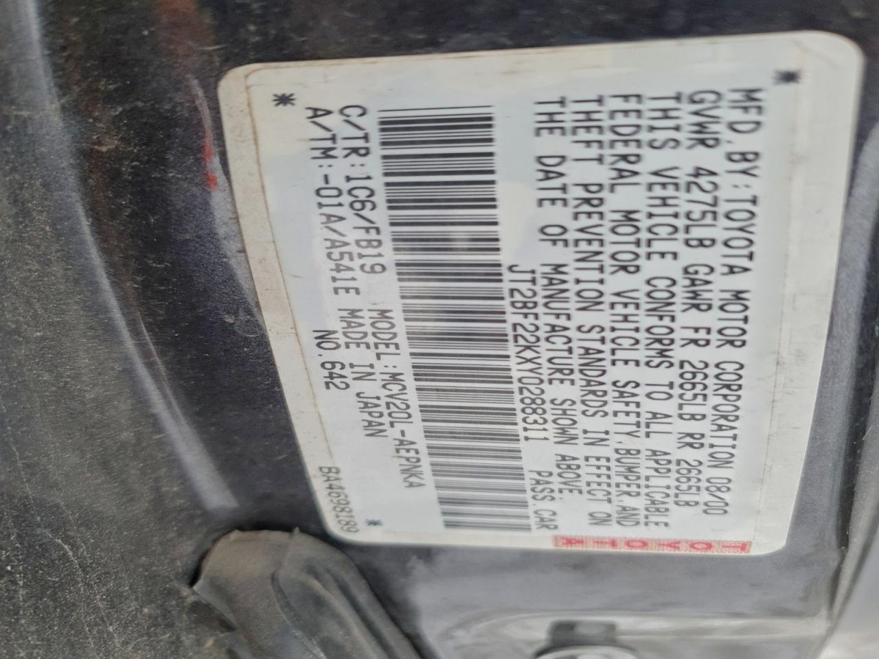 2000 Toyota Camry Ce VIN: JT2BF22KXY0288311 Lot: 94378005