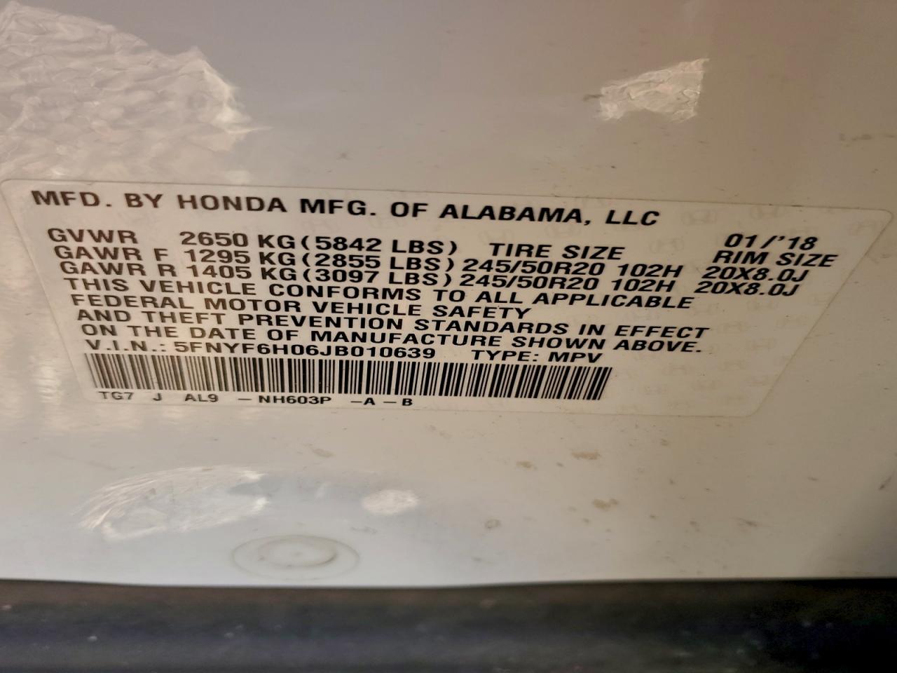 2018 Honda Pilot Elite VIN: 5FNYF6H06JB010639 Lot: 95771865