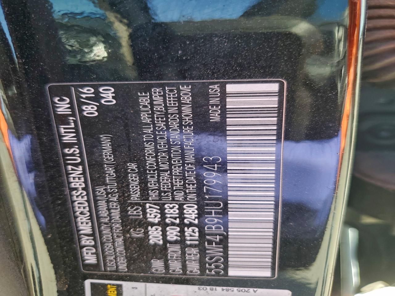 2017 Mercedes-Benz C 300 VIN: 55SWF4JB9HU179943 Lot: 96474215