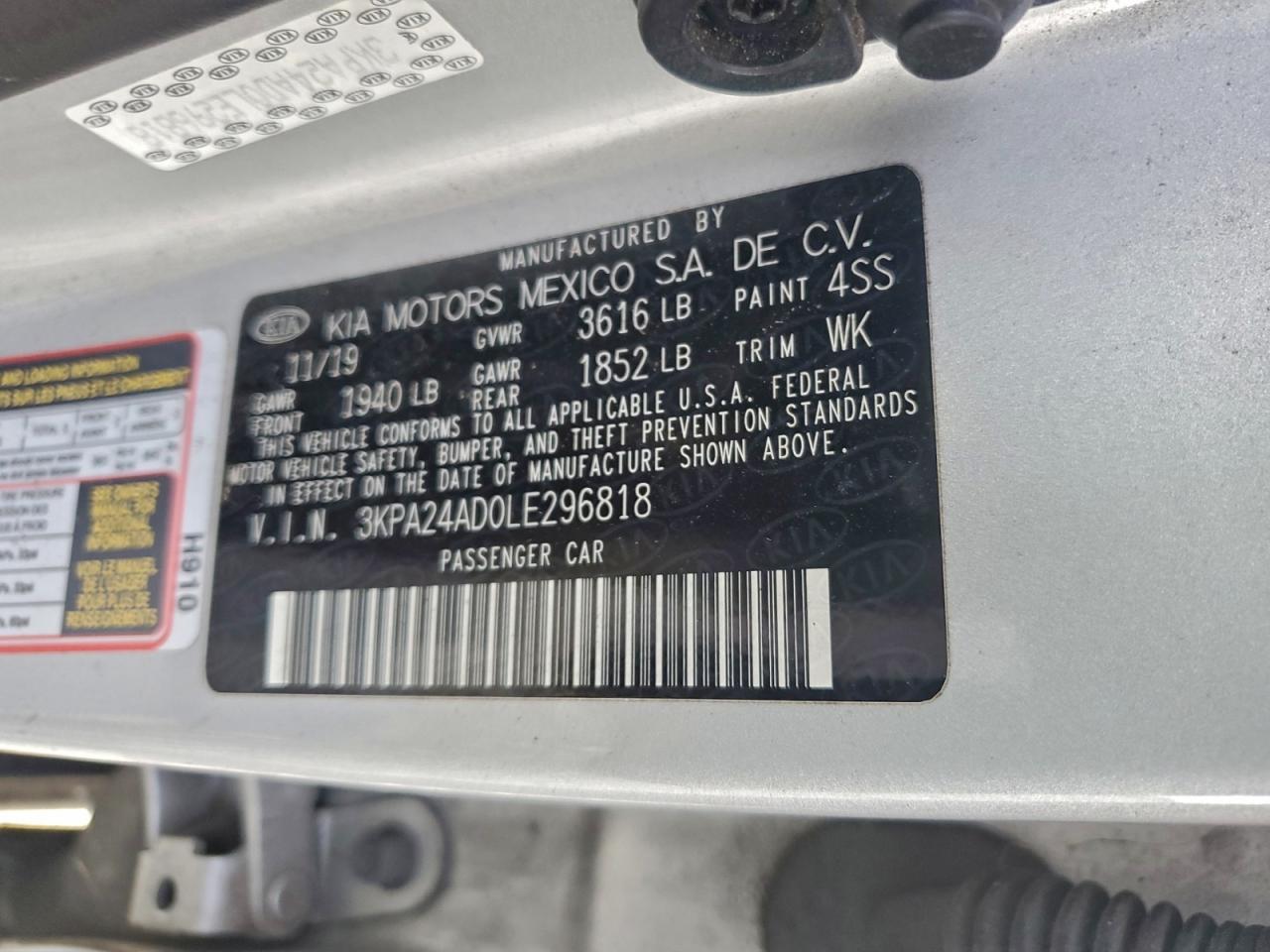 2020 Kia Rio Lx VIN: 3KPA24AD0LE296818 Lot: 94918935