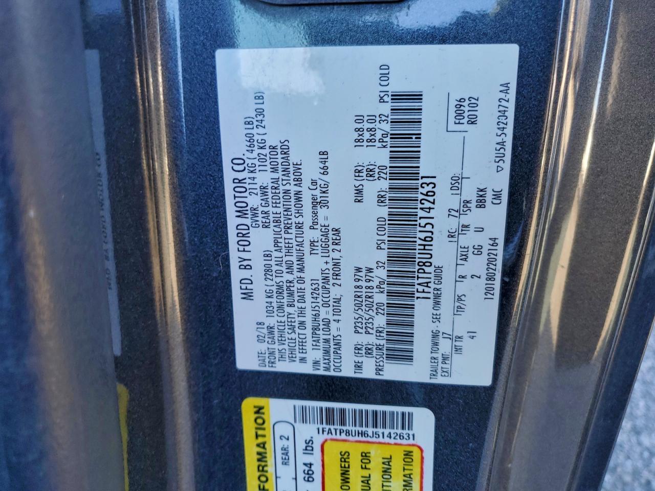 2018 Ford Mustang VIN: 1FATP8UH6J5142631 Lot: 95108725