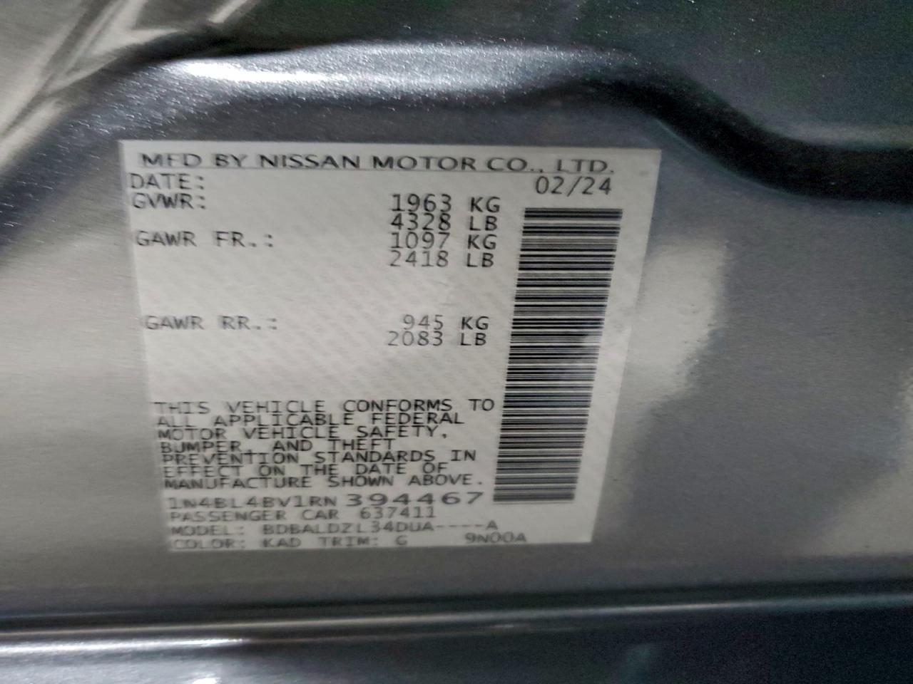 2024 Nissan Altima S VIN: 1N4BL4BV1RN394467 Lot: 94737625