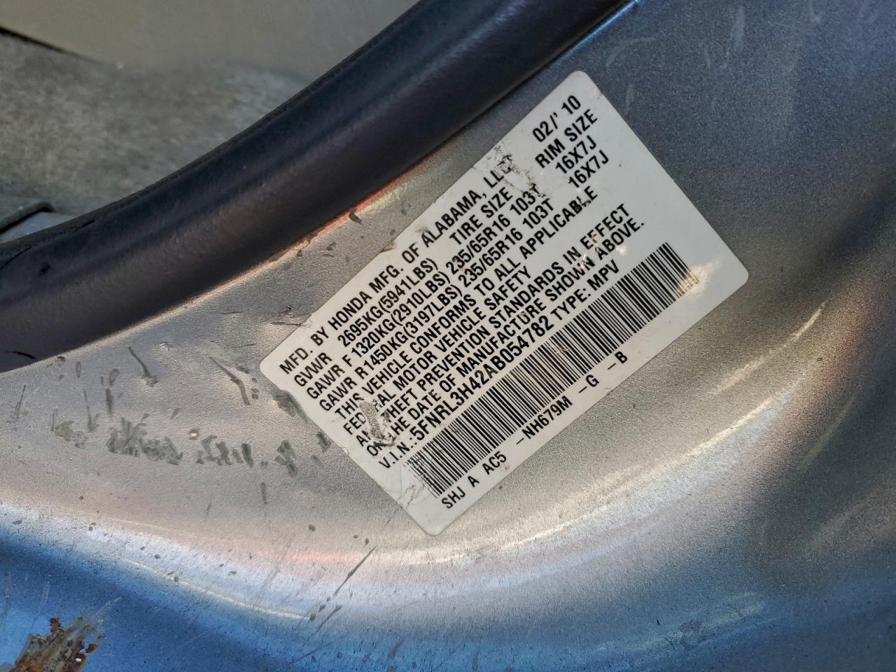 2010 Honda Odyssey Ex VIN: 5FNRL3H42AB054782 Lot: 96338955