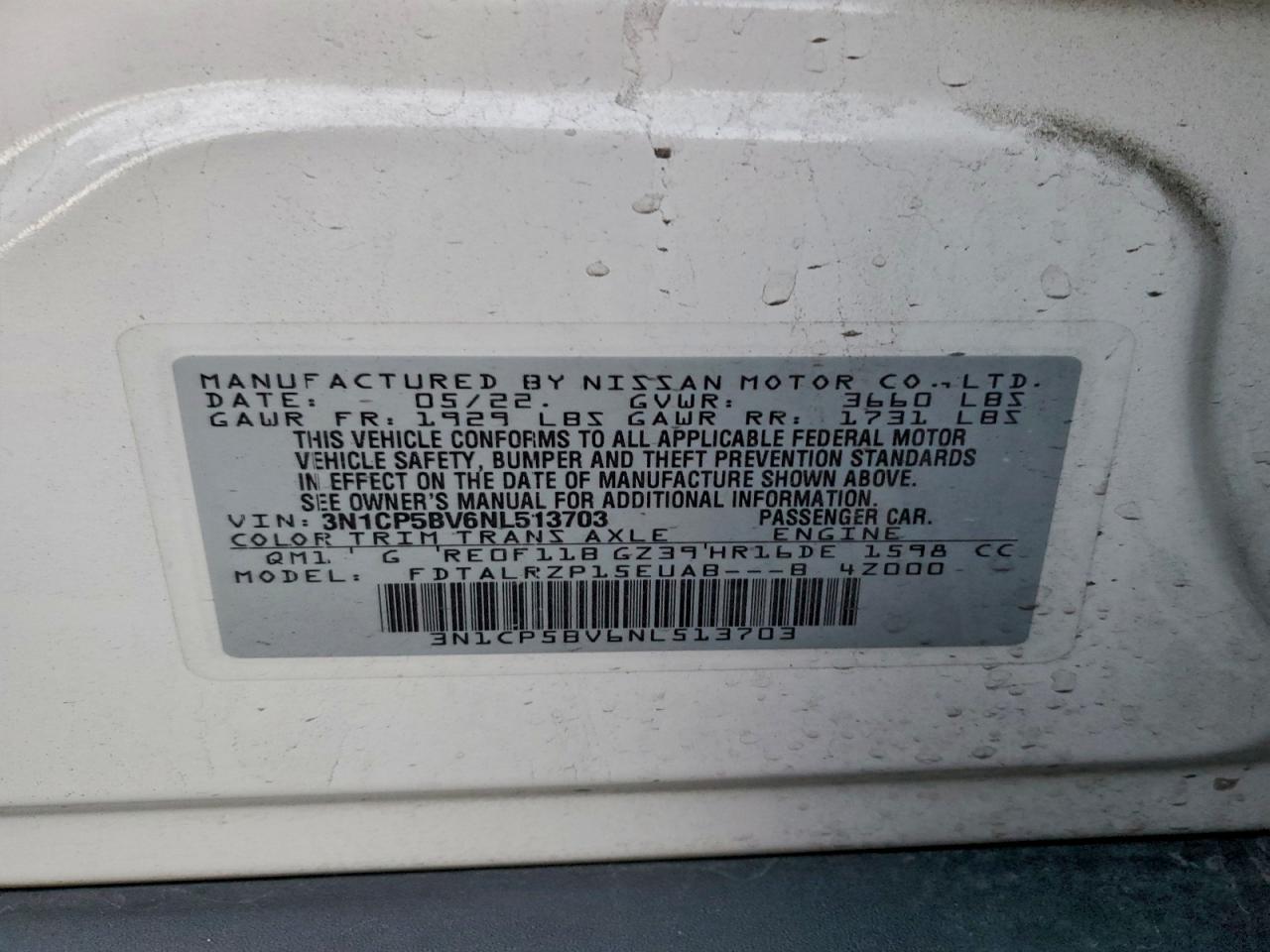 2022 Nissan Kicks S VIN: 3N1CP5BV6NL513703 Lot: 95174185