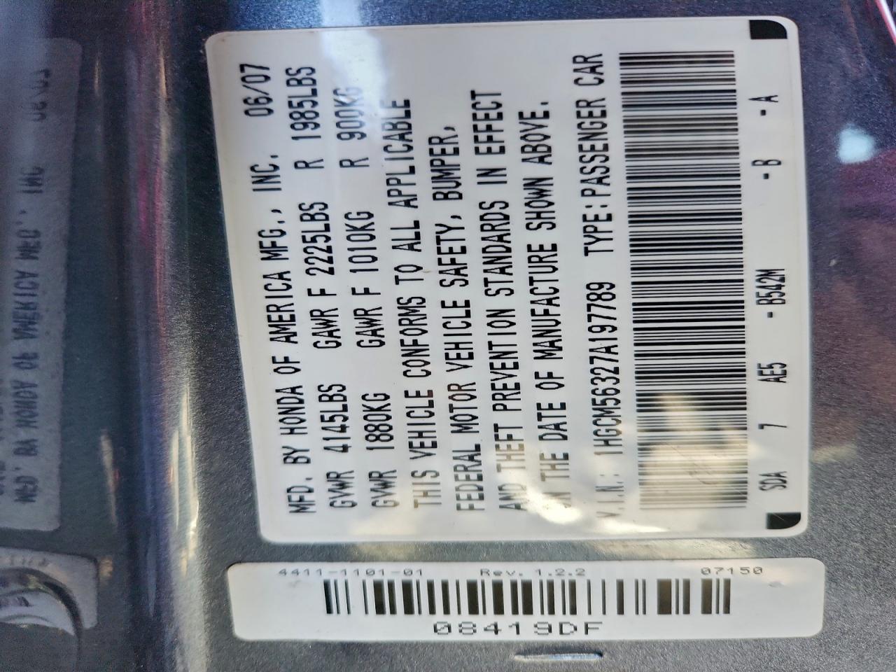 2007 Honda Accord Se VIN: 1HGCM56327A197789 Lot: 94381965