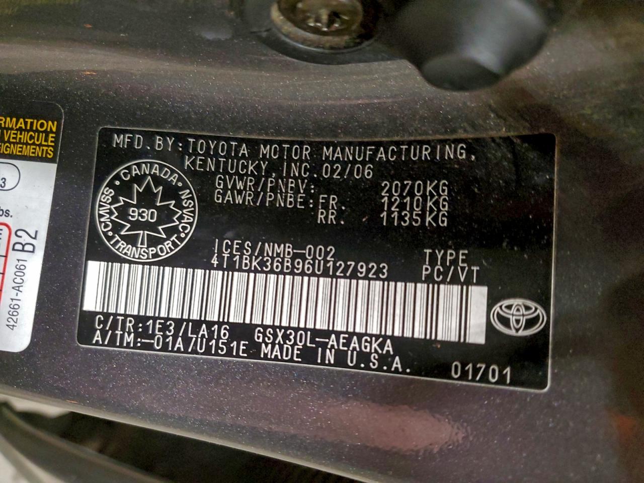 2006 Toyota Avalon Xl VIN: 4T1BK36B96U127923 Lot: 95179845