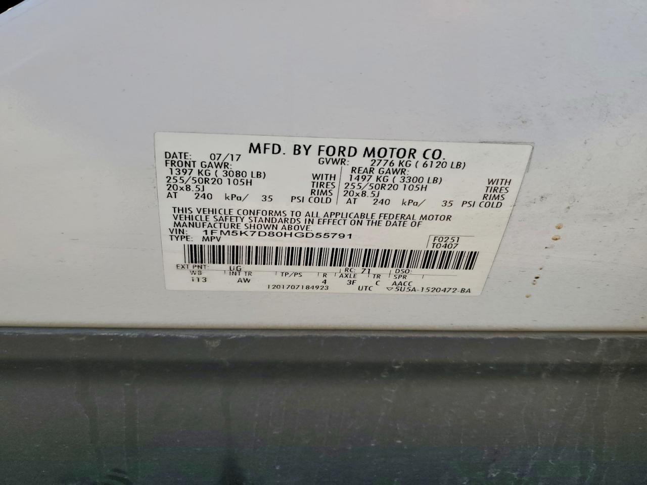 2017 Ford Explorer Xlt VIN: 1FM5K7D80HGD55791 Lot: 94468095