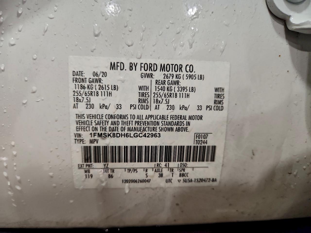 2020 Ford Explorer Xlt VIN: 1FMSK8DH6LGC42963 Lot: 94470875