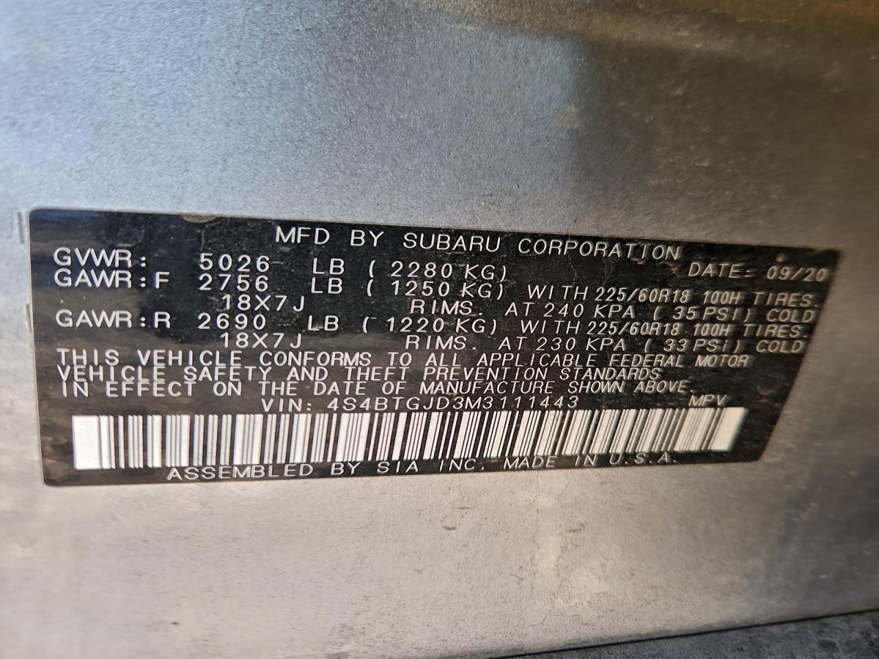 2021 Subaru Outback Onyx Edition Xt VIN: 4S4BTGJD3M3111443 Lot: 94359205