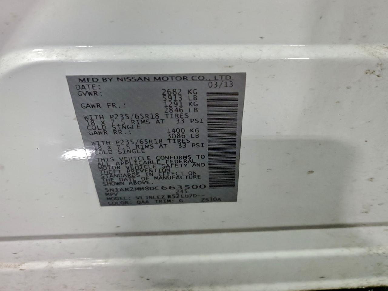 2013 Nissan Pathfinder S VIN: 5N1AR2MM8DC663500 Lot: 95333565