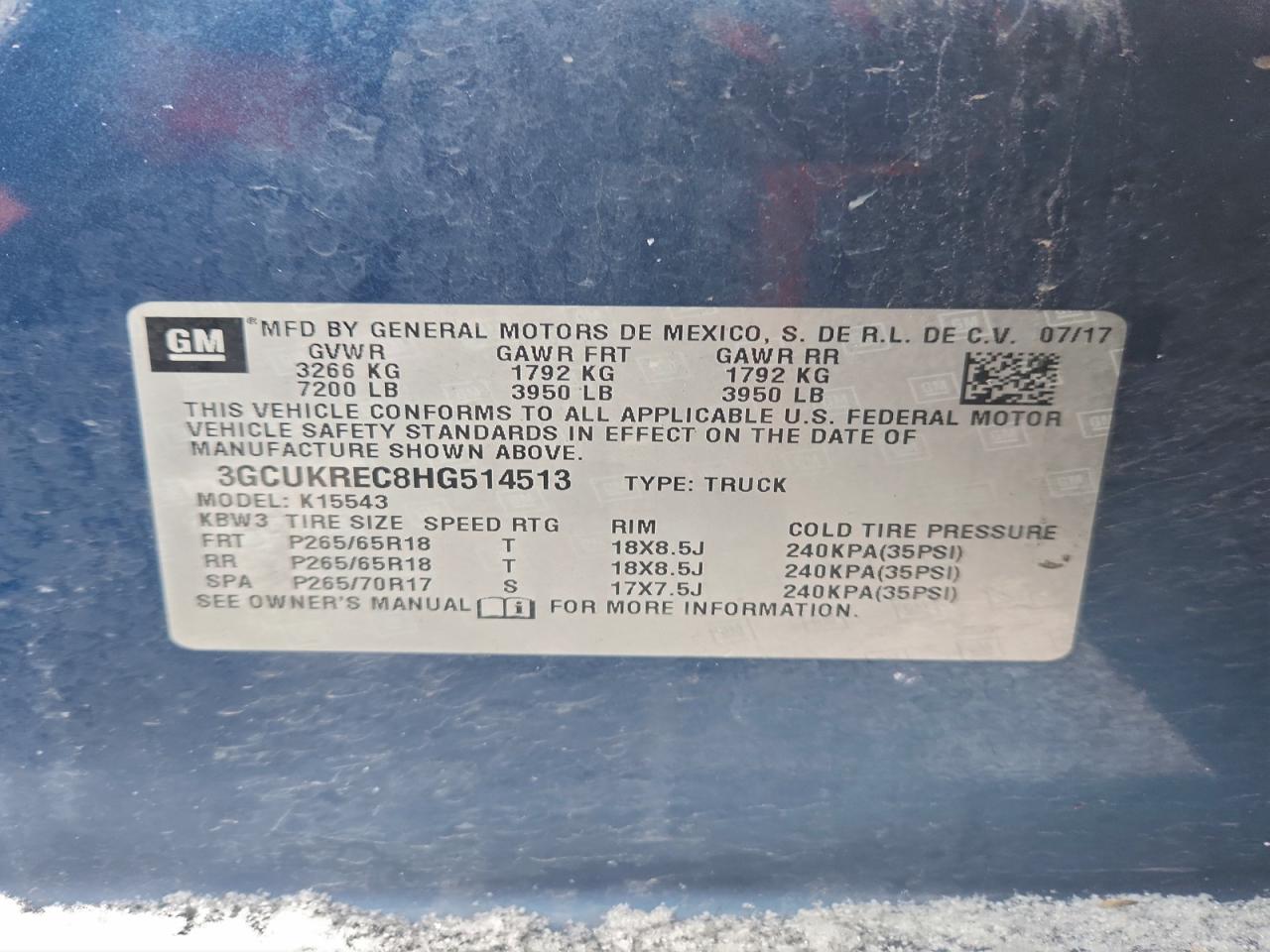 2017 Chevrolet Silverado K1500 Lt VIN: 3GCUKREC8HG514513 Lot: 93780595