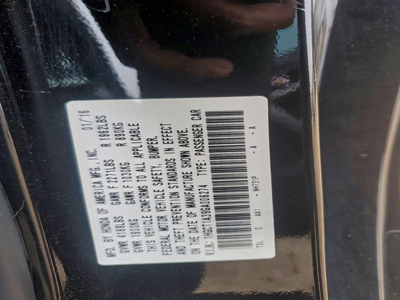 2016 Honda Accord Lx-S VIN: 1HGCT1A39GA006274 Lot: 94888975