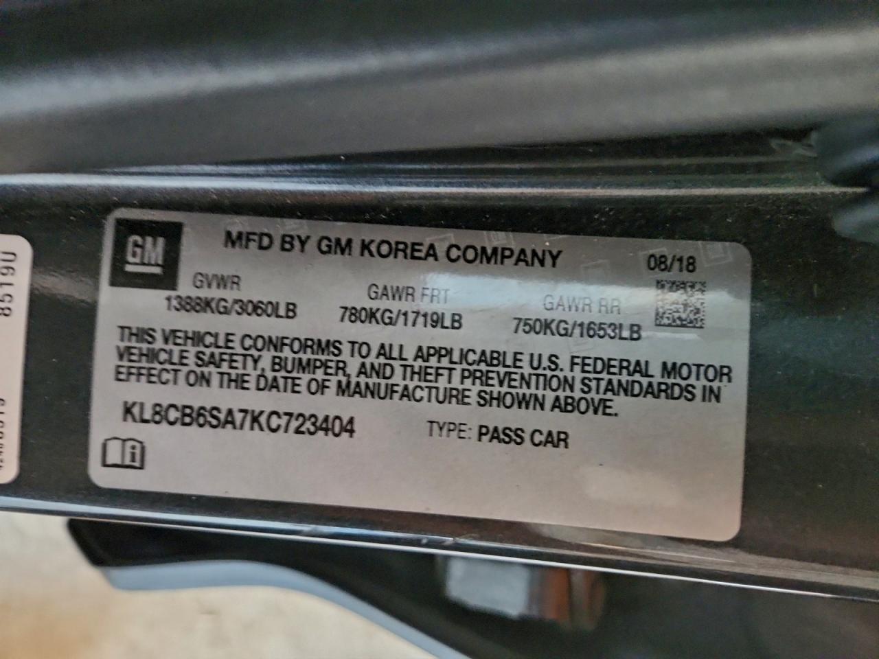 2019 Chevrolet Spark Ls VIN: KL8CB6SA7KC723404 Lot: 96880335