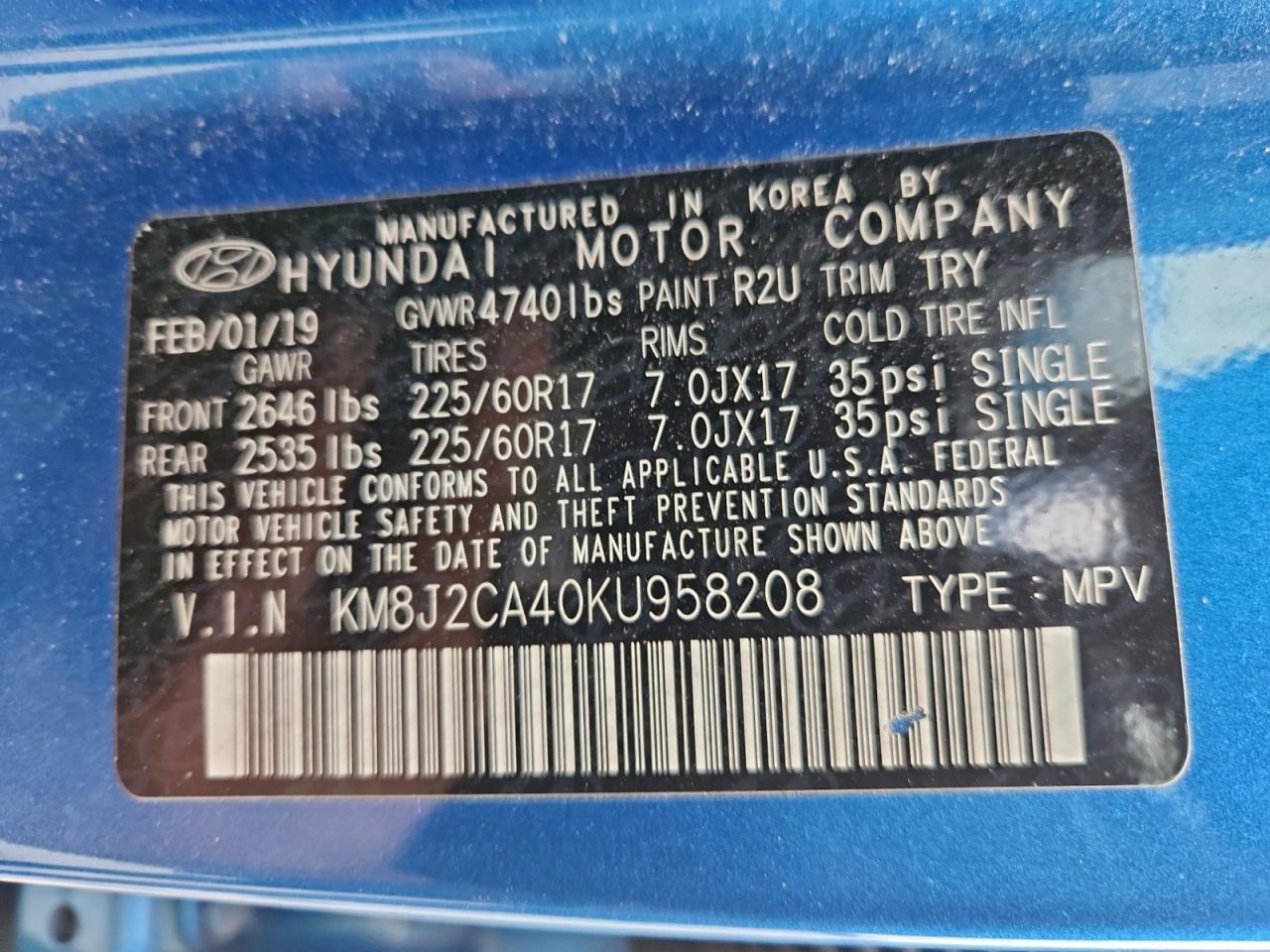 2019 Hyundai Tucson Se VIN: KM8J2CA40KU958208 Lot: 95027105