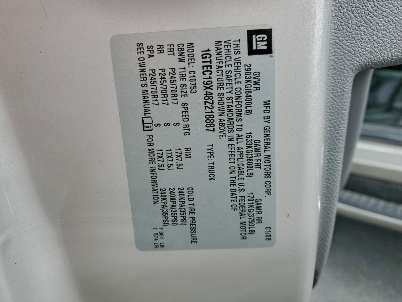 2008 GMC Sierra C1500 VIN: 1GTEC19X48Z218887 Lot: 95782295