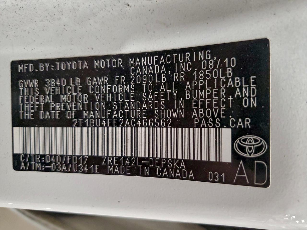 2010 Toyota Corolla Base VIN: 2T1BU4EE2AC466562 Lot: 94915885