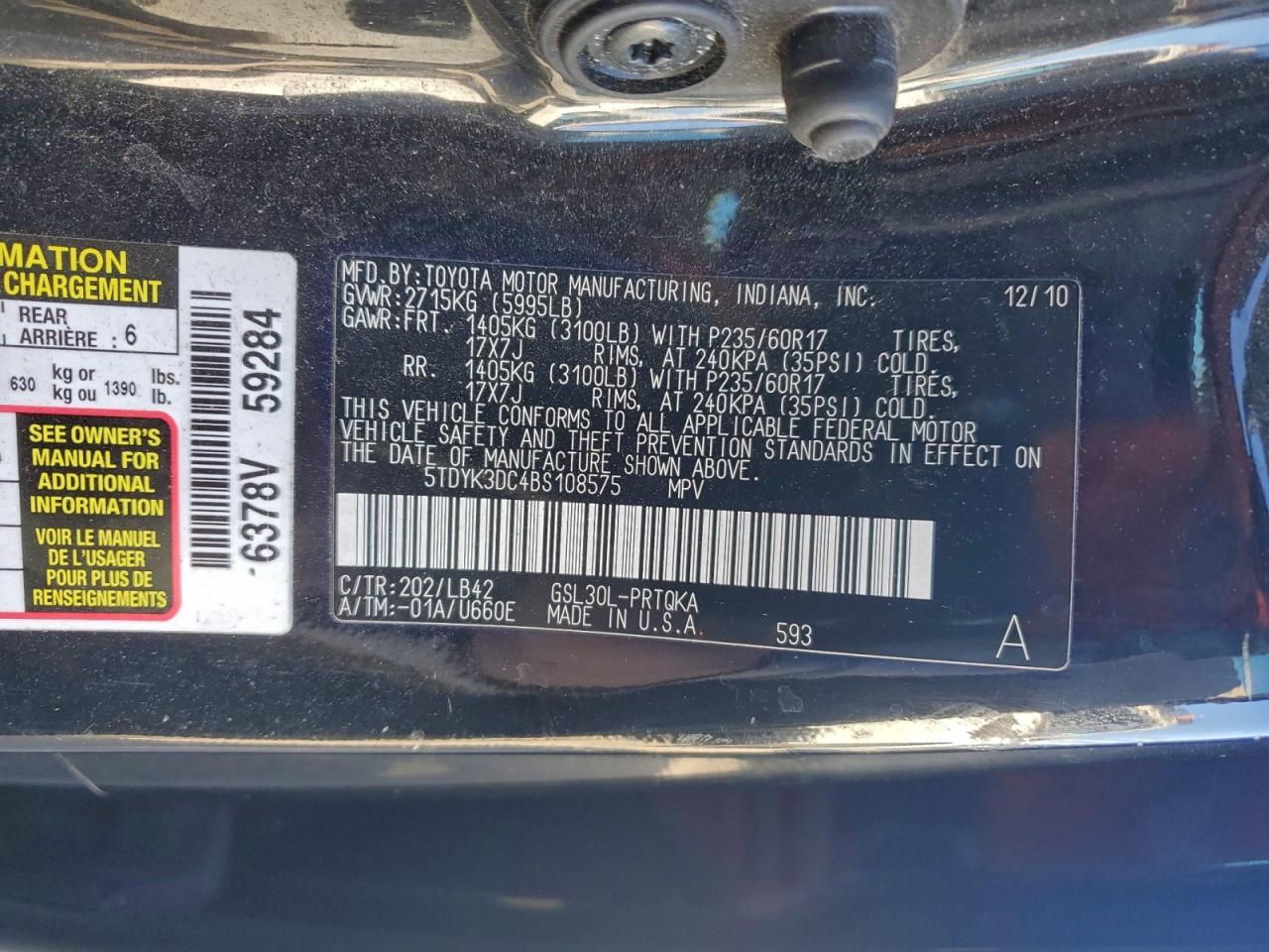 2011 Toyota Sienna Xle VIN: 5TDYK3DC4BS108575 Lot: 93846495