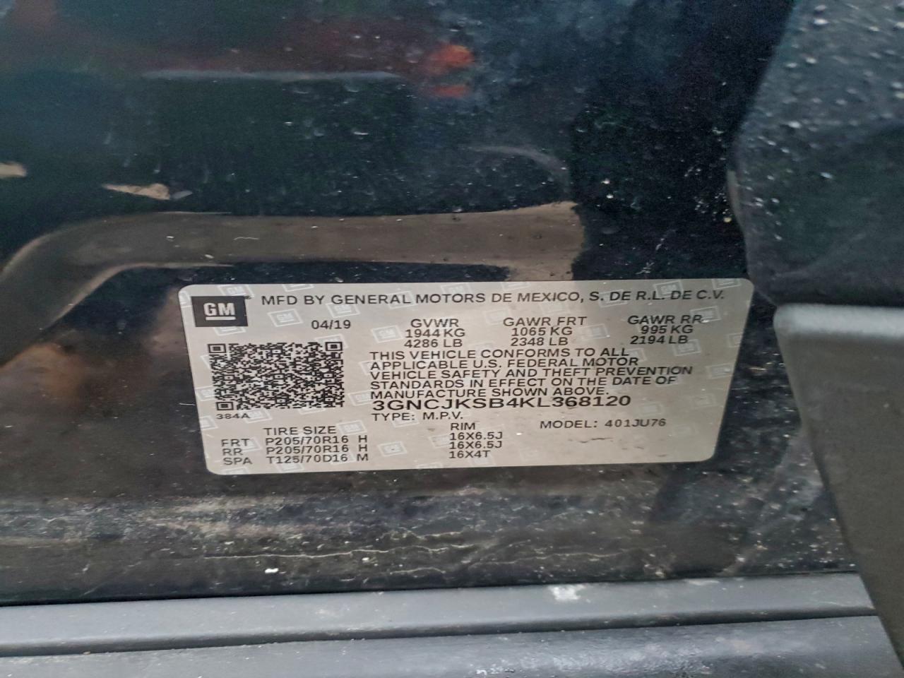 2019 Chevrolet Trax Ls VIN: 3GNCJKSB4KL368120 Lot: 97401595