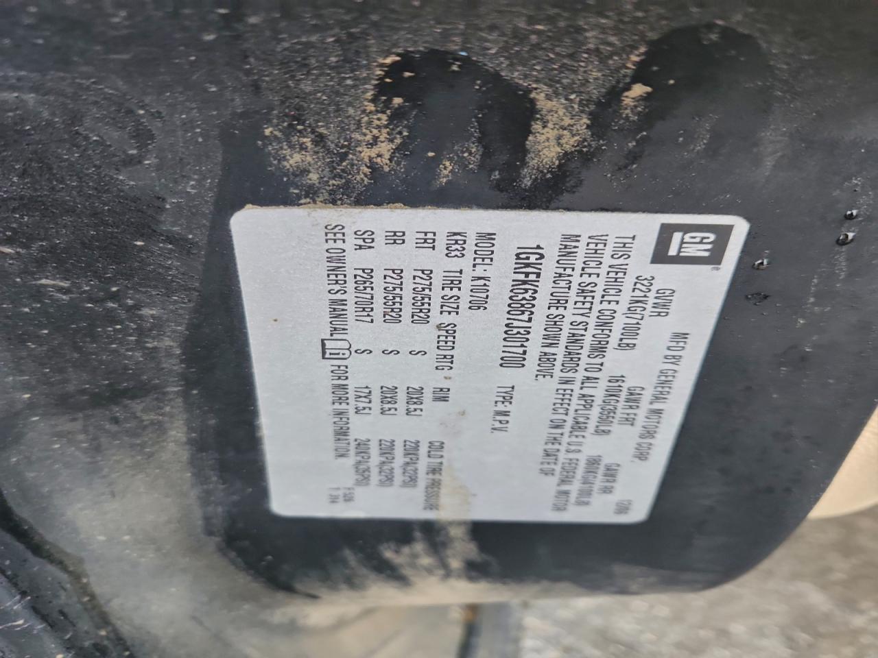 2007 GMC Yukon Denali VIN: 1GKFK63867J301700 Lot: 97120365