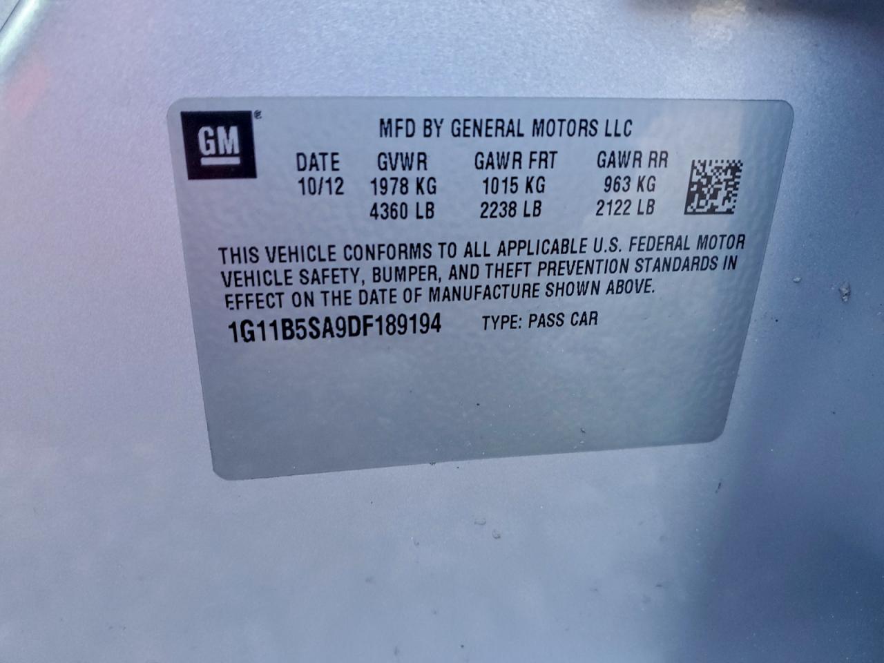 2013 Chevrolet Malibu Ls VIN: 1G11B5SA9DF189194 Lot: 94767405