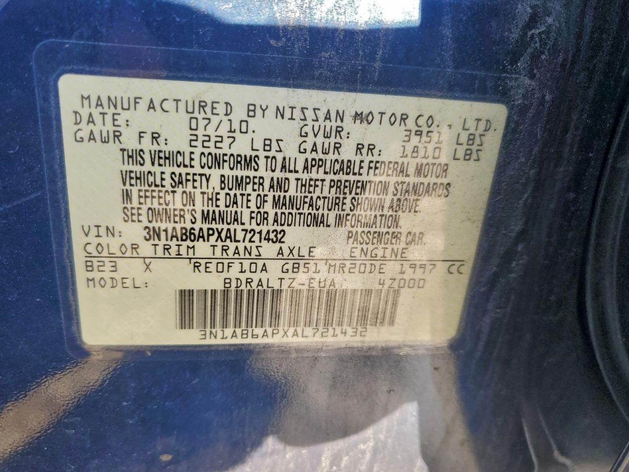 2010 Nissan Sentra 2.0 VIN: 3N1AB6APXAL721432 Lot: 94437775