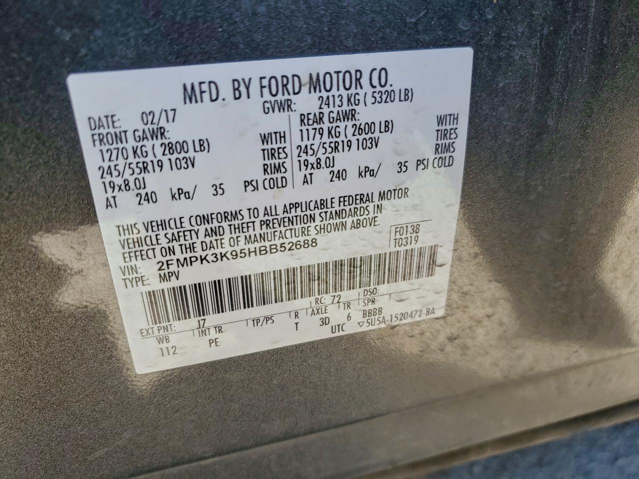 2017 Ford Edge Titanium VIN: 2FMPK3K95HBB52688 Lot: 97036085