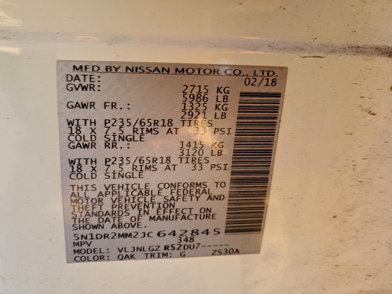 2018 Nissan Pathfinder S VIN: 5N1DR2MM2JC642845 Lot: 95323035