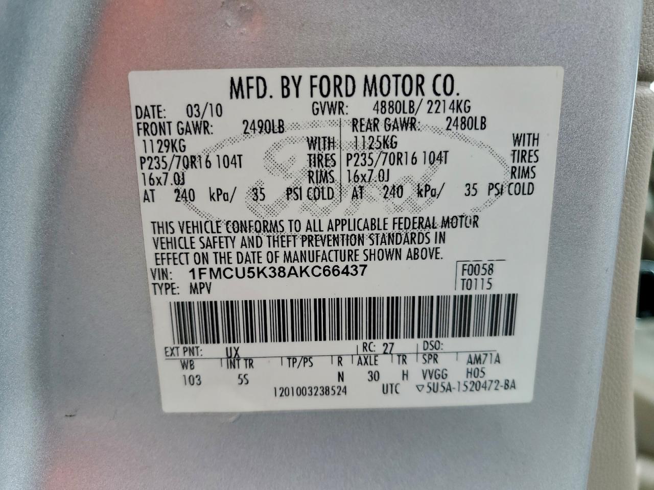 2010 Ford Escape Hybrid VIN: 1FMCU5K38AKC66437 Lot: 94437115