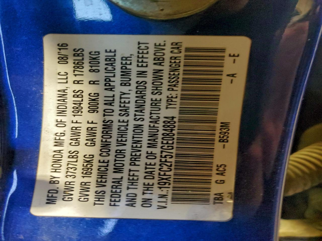 2016 Honda Civic Lx VIN: 19XFC2F57GE084884 Lot: 94953145