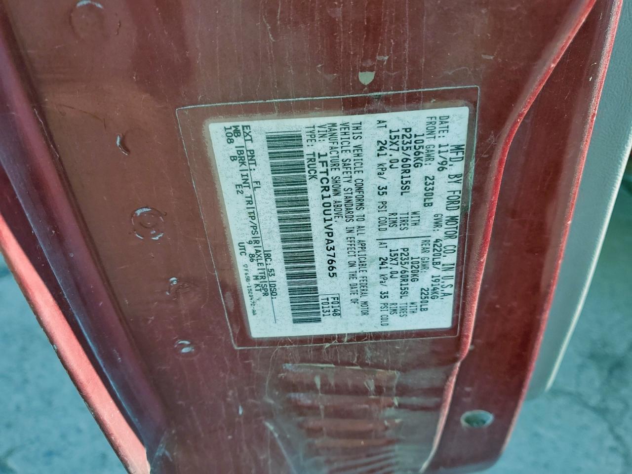 1997 Ford Ranger VIN: 1FTCR10U1VPA37665 Lot: 95808365