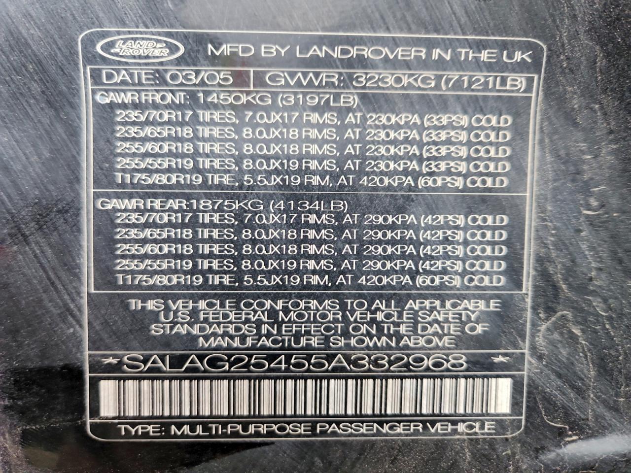 2005 Land Rover Lr3 Hse VIN: SALAG25455A332968 Lot: 96158765