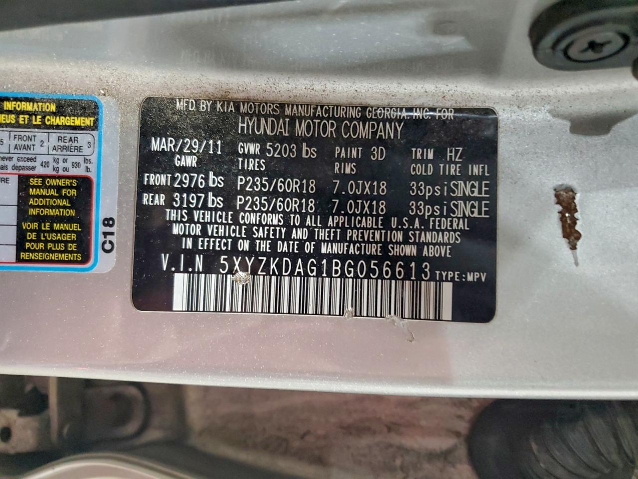 2011 Hyundai Santa Fe Limited VIN: 5XYZKDAG1BG056613 Lot: 94442315