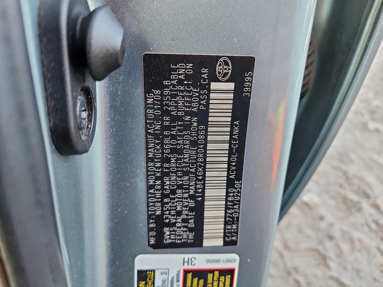 2008 Toyota Camry Ce VIN: 4T4BE46K28R040869 Lot: 95664325