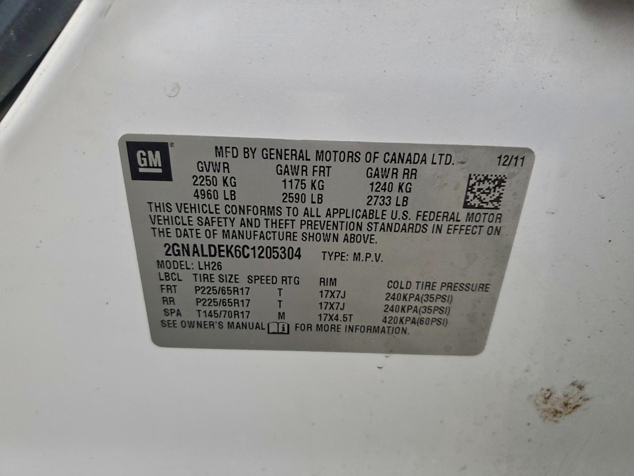 2012 Chevrolet Equinox Lt VIN: 2GNALDEK6C1205304 Lot: 94644485