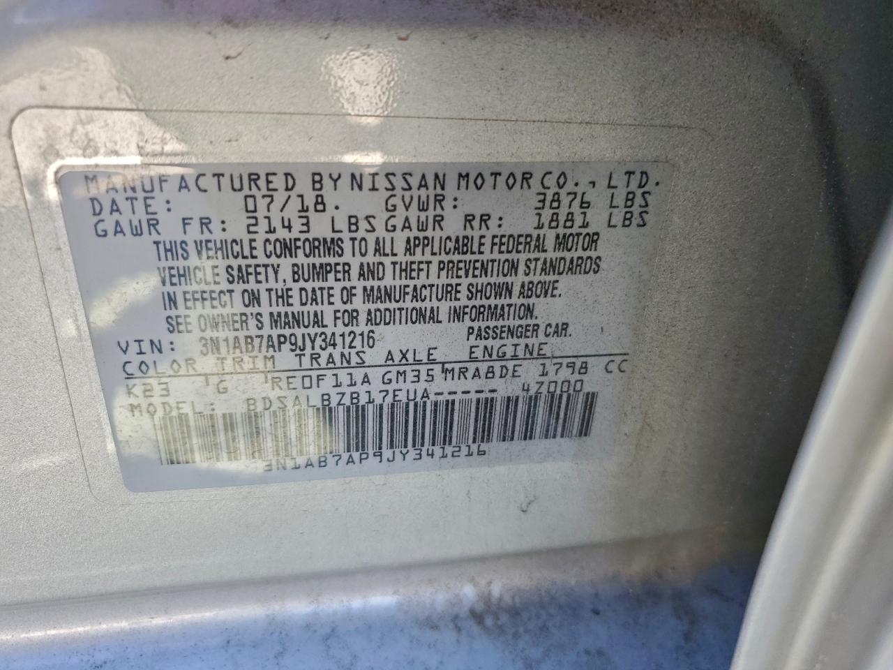 2018 Nissan Sentra S VIN: 3N1AB7AP9JY341216 Lot: 95759545