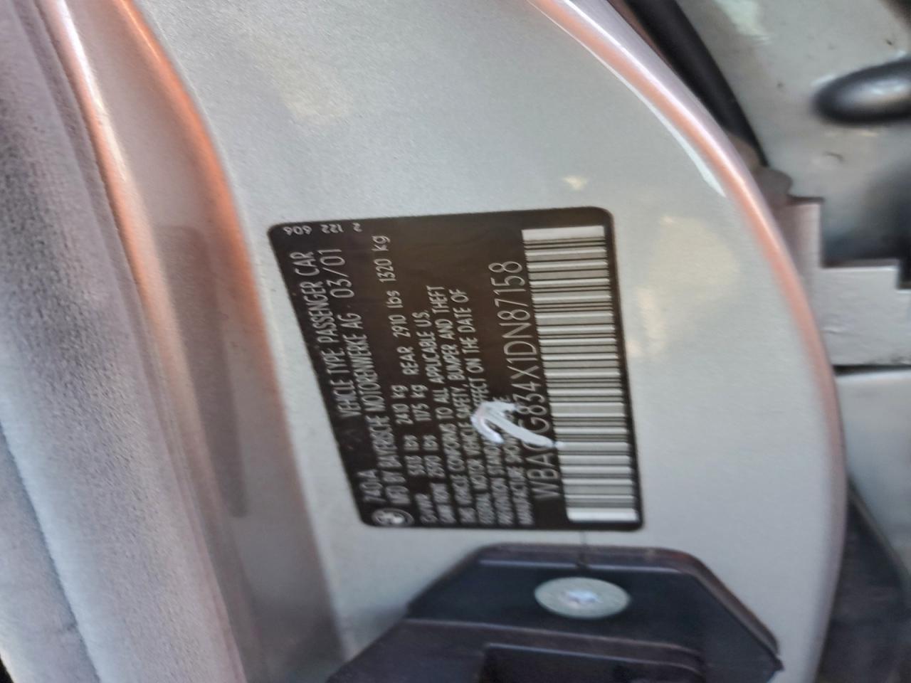 2001 BMW 740 I Automatic VIN: WBAGG834X1DN87158 Lot: 95026895