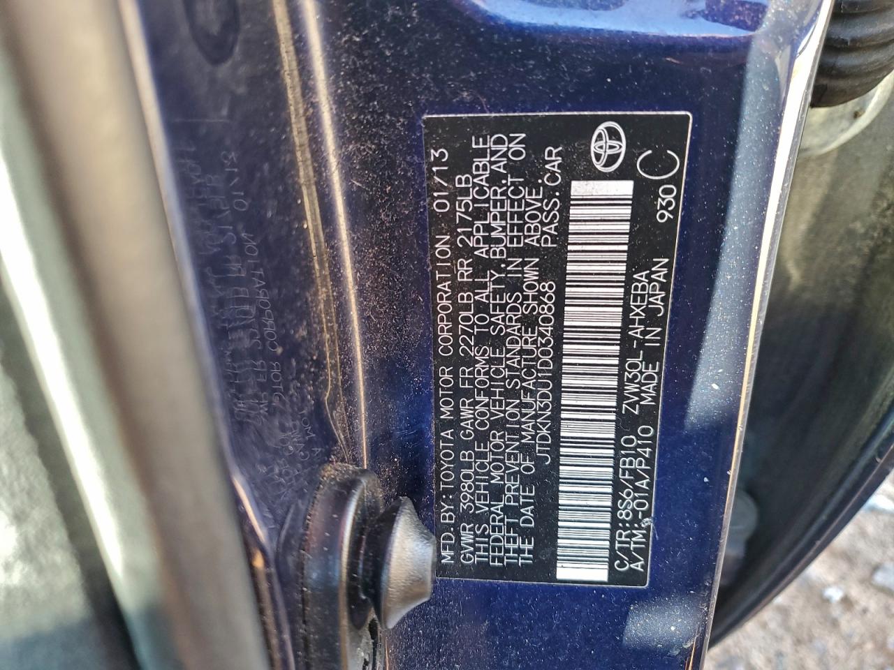 2013 Toyota Prius VIN: JTDKN3DU1D0340868 Lot: 94344785