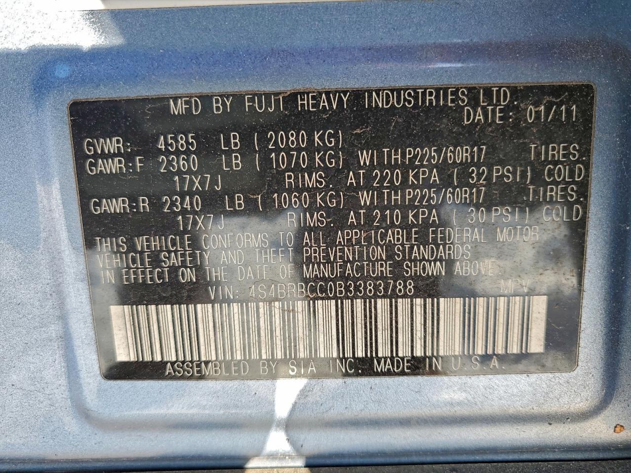 2011 Subaru Outback 2.5I Premium VIN: 4S4BRBCC0B3383788 Lot: 96663215