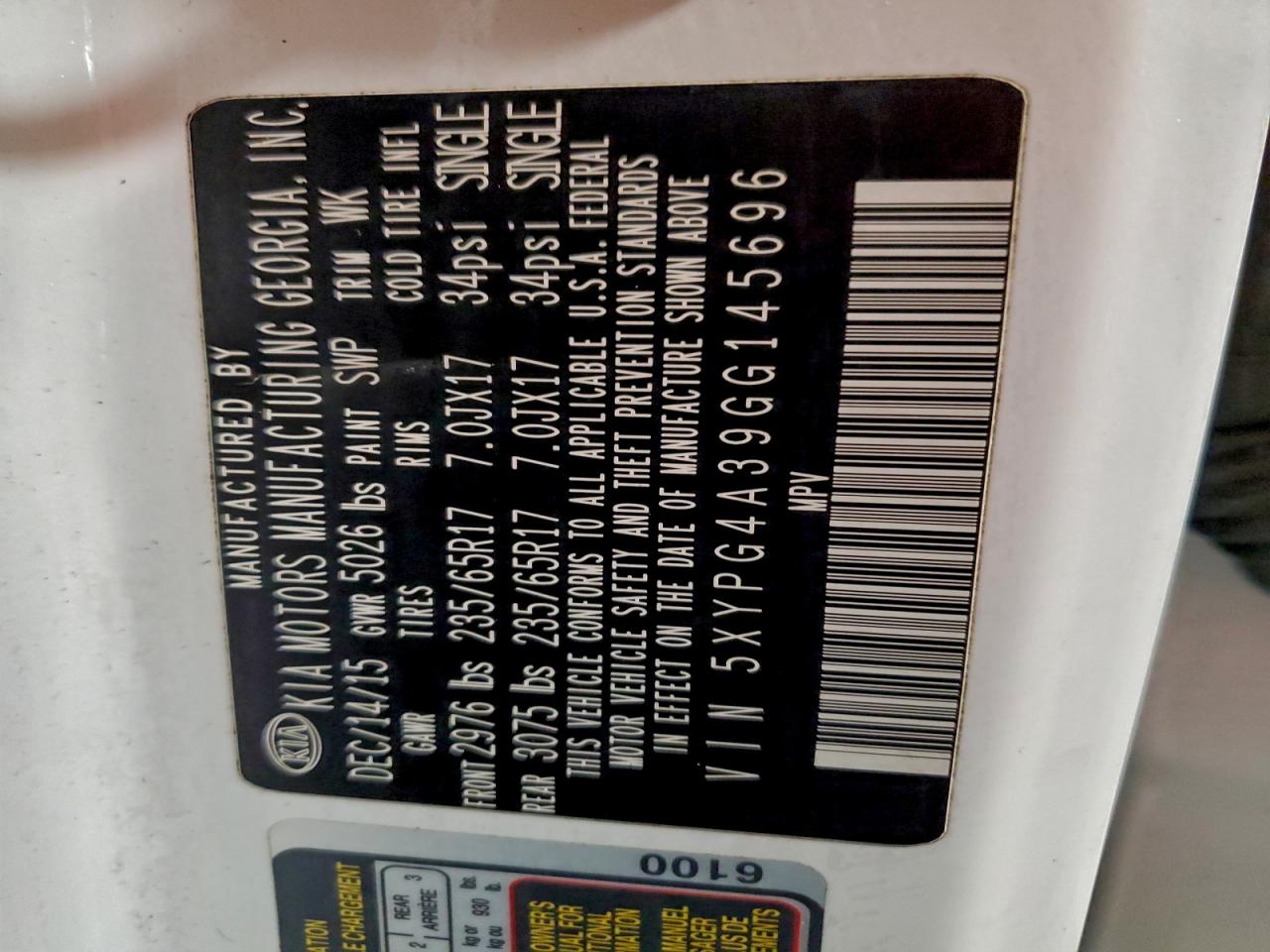 2016 Kia Sorento Lx VIN: 5XYPG4A39GG145696 Lot: 85446065